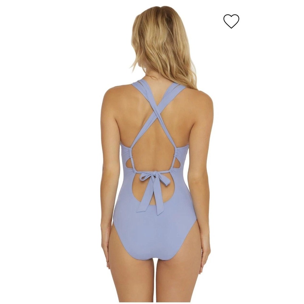 Becca Helena Plunge One-Piece Swimsuit Coastline Blue Vacation Beach Cruise Sz L - Picture 5 of 10
